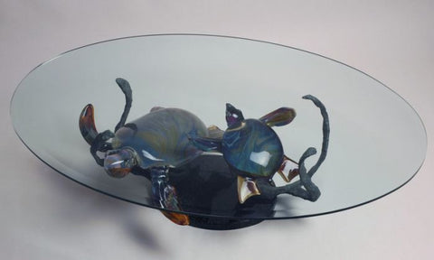 Murano glass coffee table with turtles in Calcedonio glass