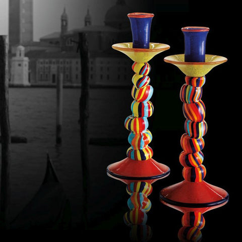 Two gorgeous brightly-coloured Murano glass candlesticks