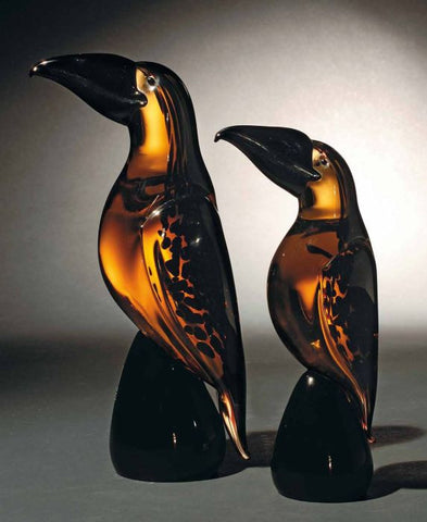 Pair of Murano glass toucans in amber and black