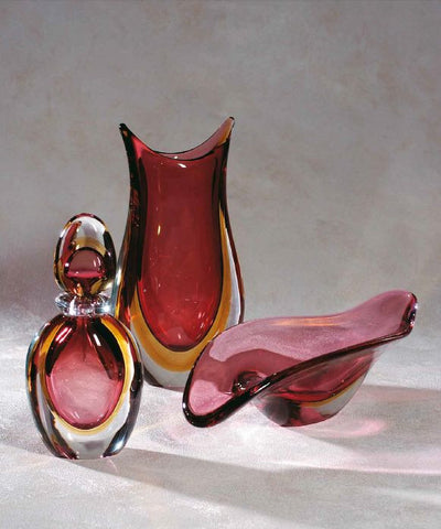 Bottle, vase and bowl set in ruby and amber