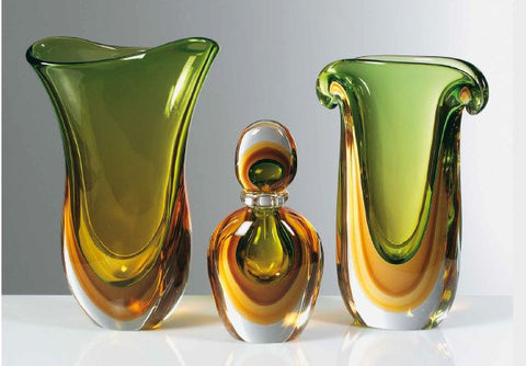 Two vases and bottle in green, tobacco and amber
