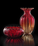 Vase and bowl set in red and tobacco