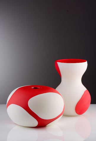 Spotted bowl vase and tall vase in coral and white