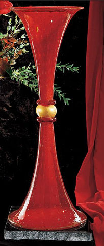 Red and gold Murano glass trumpet vase