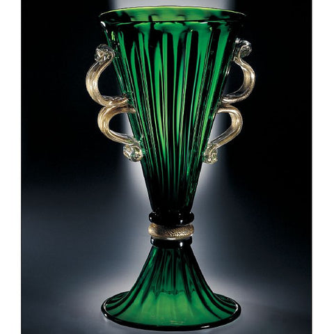 Green Murano glass cup vase with clear crystal handles